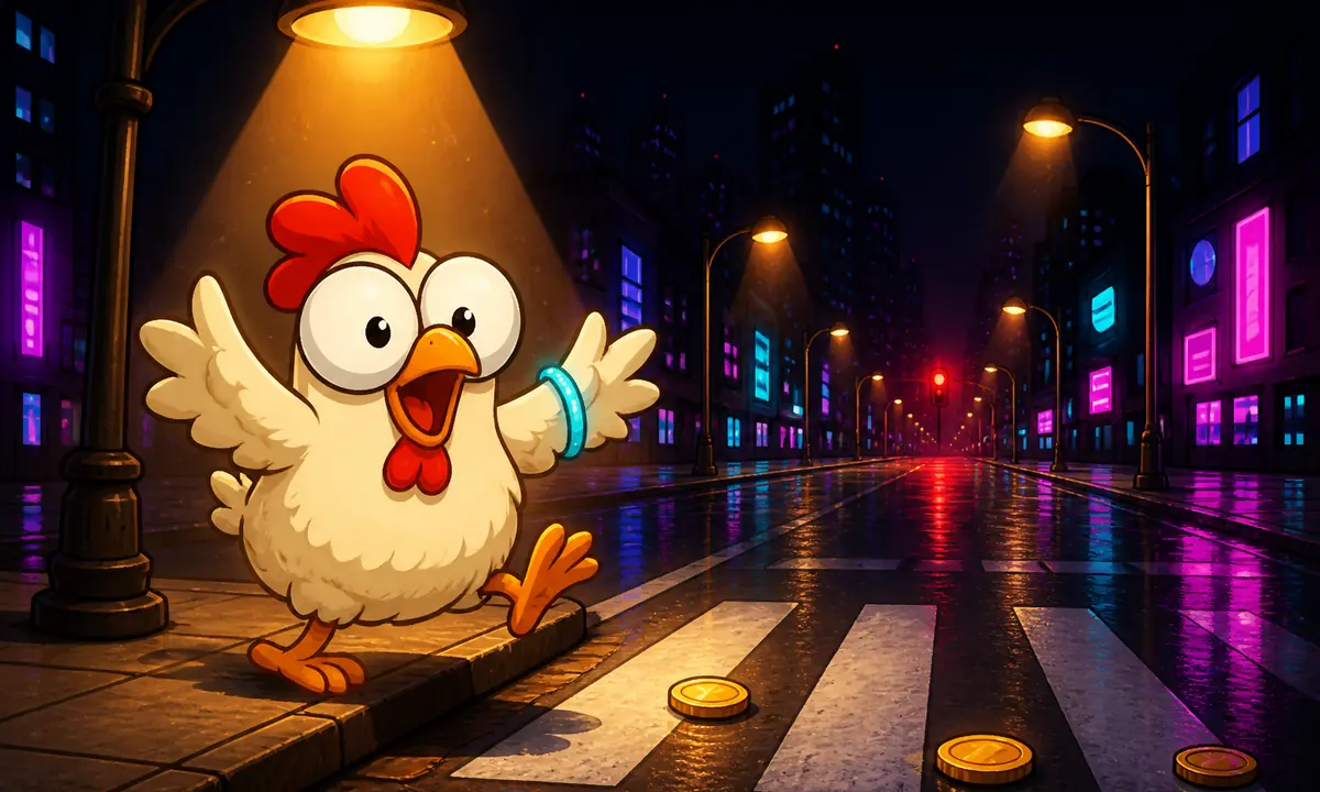 Cartoon chicken with bulging eyes stepping onto the first crosswalk stripe of a dark lamplit street, gold coins lying on the asphalt