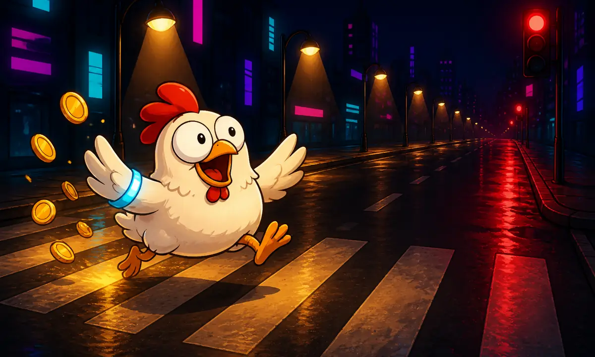 Cartoon chicken mid-run across crosswalk stripes on a night street, warm streetlamp pools behind it and a red traffic-light glow on the stripe ahead, gold coins spinning nearby