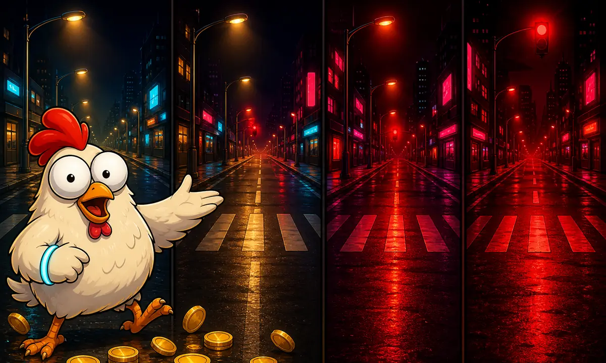 Cartoon chicken gesturing toward four night streets of increasing danger, from calmly lamplit to heavily red-lit, representing the game's difficulty modes
