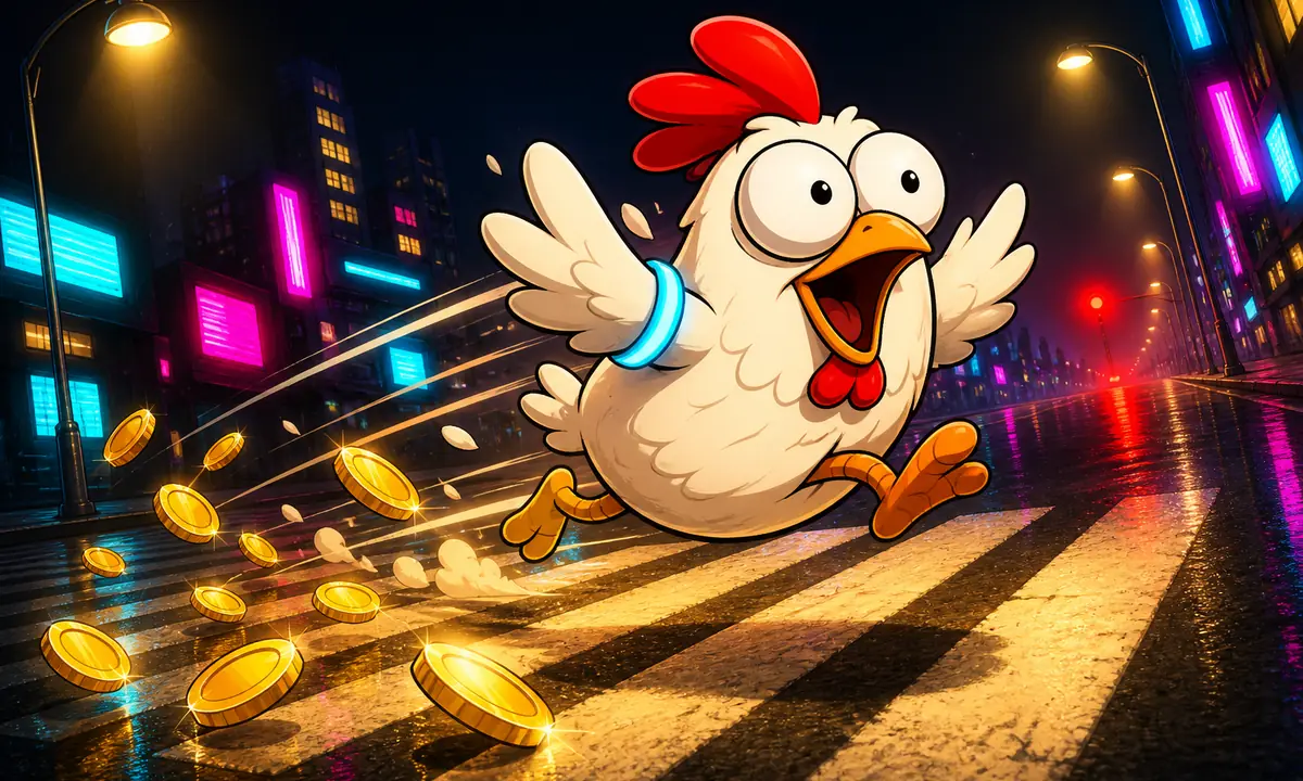 Cartoon chicken dashing across a row of lamplit crosswalk stripes with comic speed lines and gold coins scattered behind it