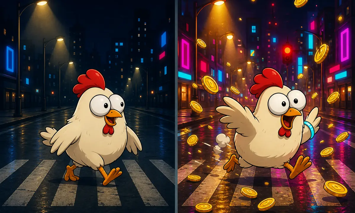 Split illustration of the cartoon chicken strolling a dim practice-mode street on one side and running a brightly lit, coin-filled street on the other