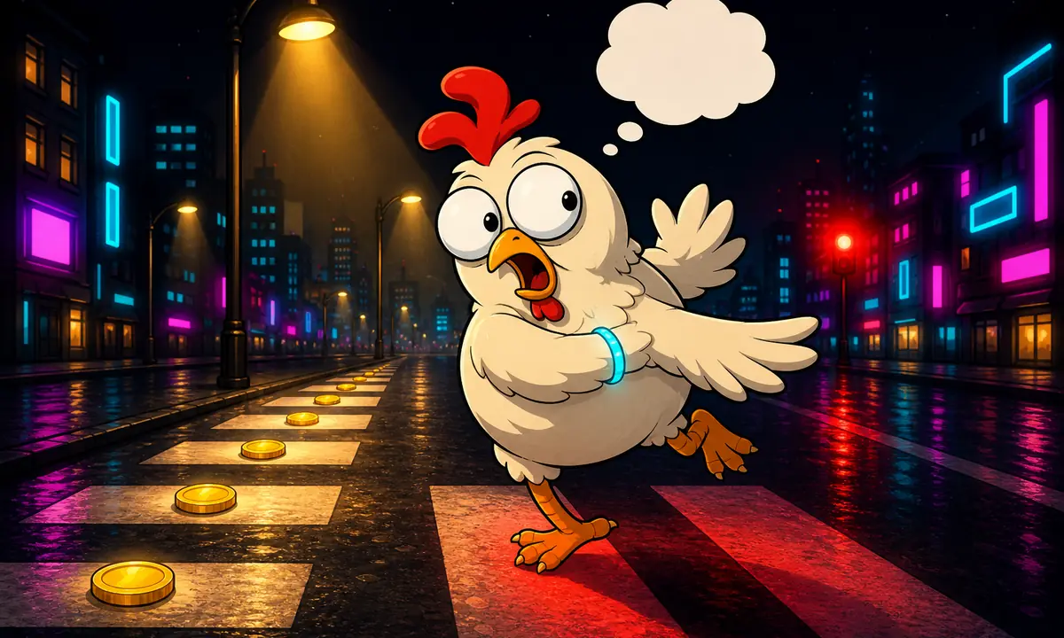 Cartoon chicken pausing mid-street under a streetlamp, one foot over a crosswalk stripe washed in red traffic-light glow, an empty thought bubble above its head